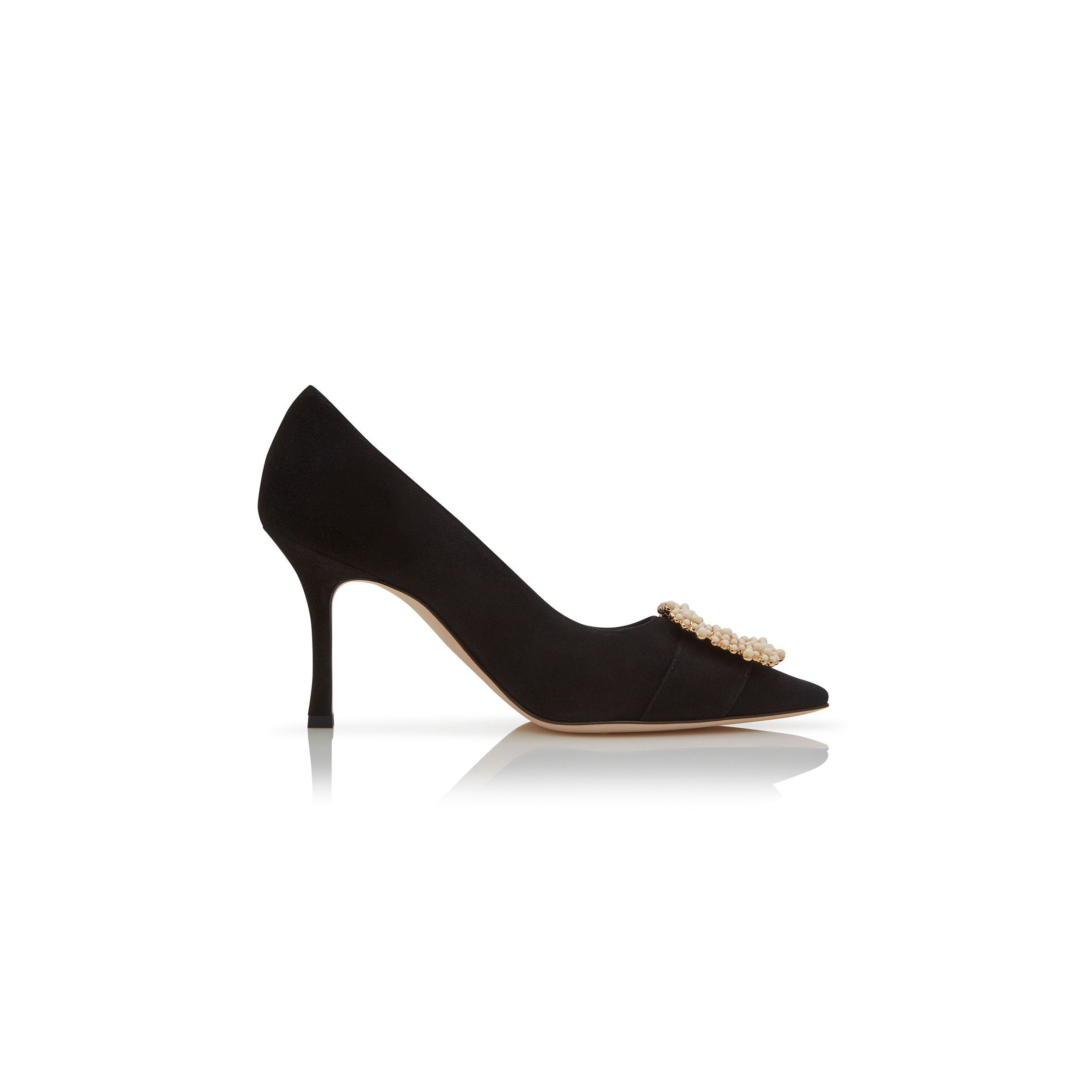 MANOLO BLAHNIK GIBOAUS BLACK SUEDE PEARL BUCKLE PUMPS 125-2895-0004 MANOLO BLAHNIK GIBOAUS BLACK SUEDE PEARL BUCKLE PUMPS 125-2895-0004